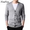 FiveFive Кардиган Свитер Мужское Пальто V-образный вырез Повседневная Осенняя Одежда Однотонный Трикотаж Топы Однобортный Длинный Рукав Верхняя Одежда