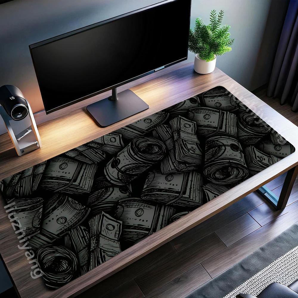 Black Gold Money Pattern Mouse Pad Large Computer Office Game Table Mat Rubber Anti-slip Stitched Keyboard Mats 90x40 Desk Pads