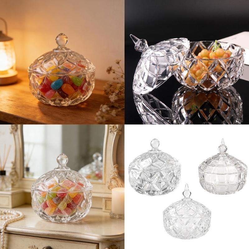 Embossed Clear Glass Crystal Candy Jar Dish with Lid for Snacks Storage Home Decors Trinket Jewelry Organizers Box
