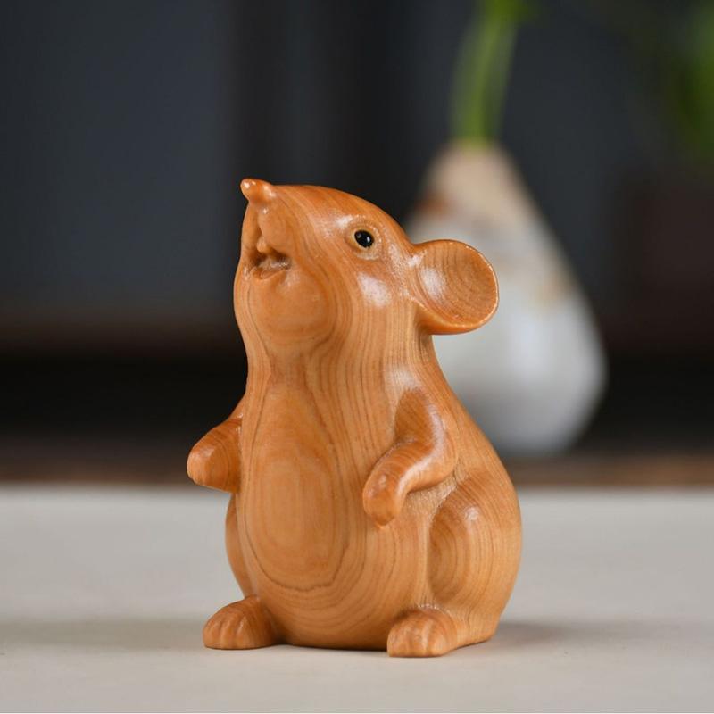 Natural Cypress Animal Hamster Small Statue  Cute Home Room Car Decoration Ornaments Chinese-style Zodiac Sign Gift