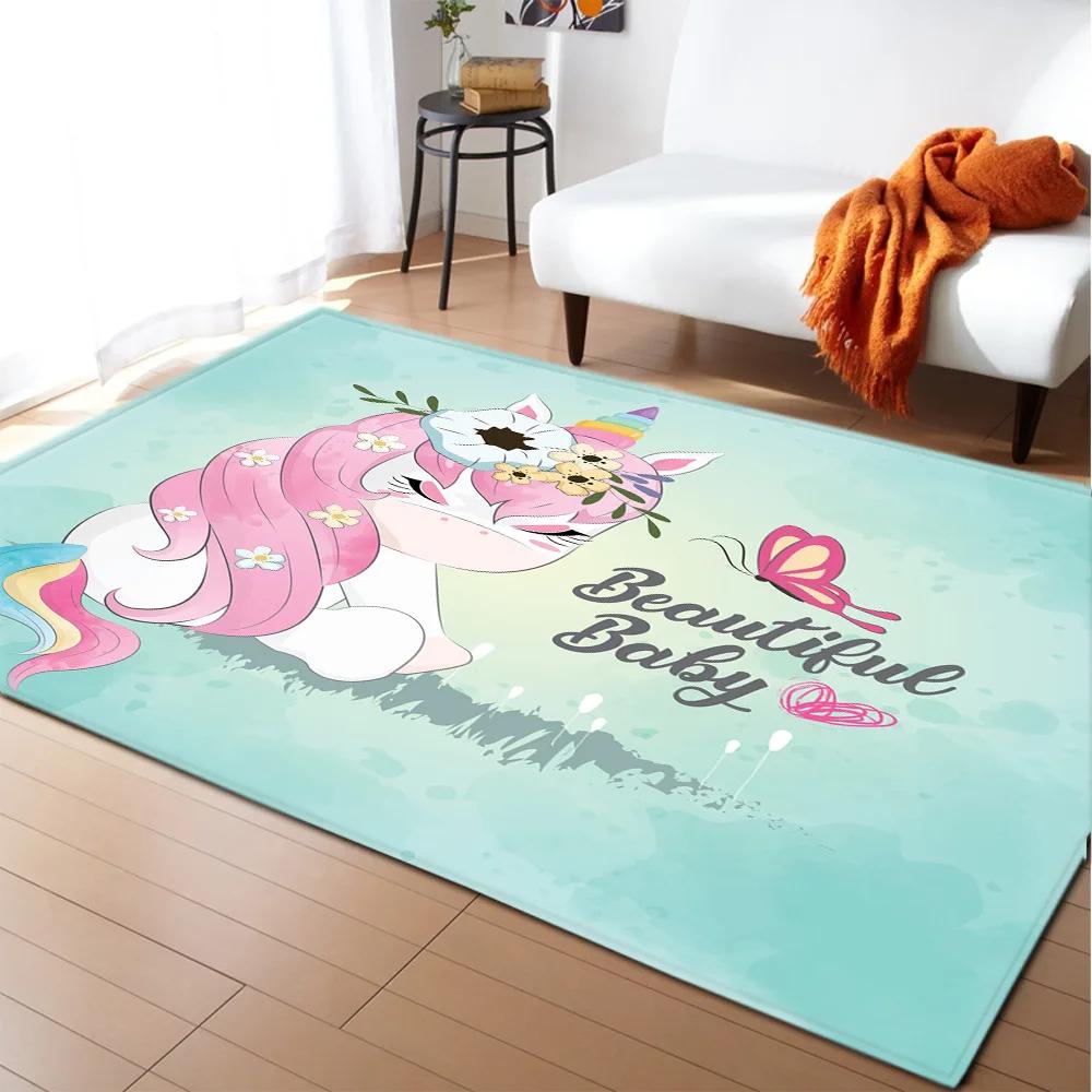 Kids Cartoon Unicorn Carpet Fantasy Animal Crawling Mat Doormat Living Room Area Rug Rainbow Shiny Girls Bedroom Soft Floor Mats