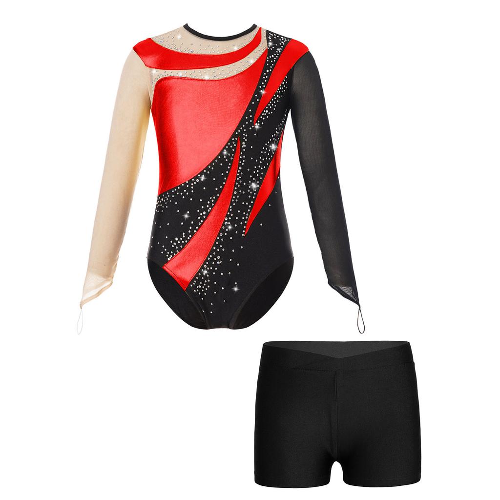 Детский комплект для фигурного катания для девочек, сетчатый купальник с длинными рукавами и вырезом-замочной скважиной на спине и шорты