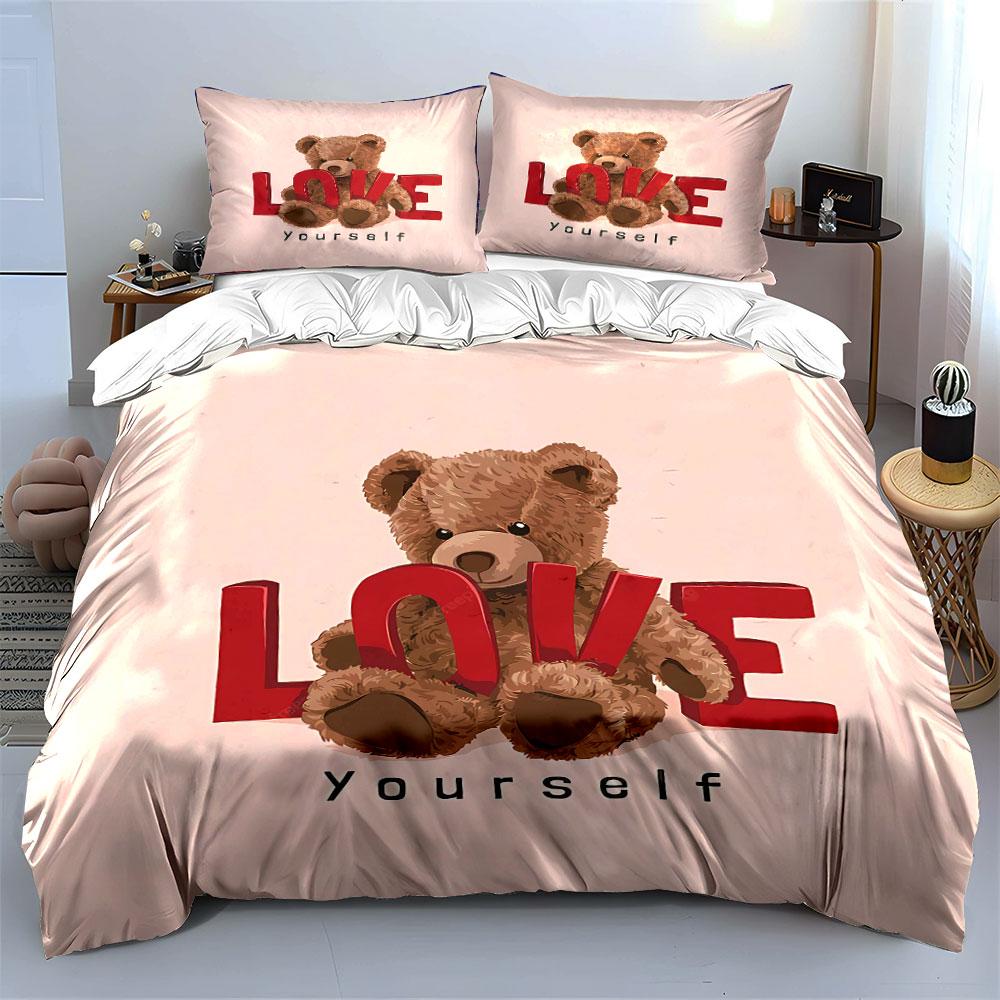 Teddy Bear Love Yourself Design Bedding Duvet Cover Set Duvet Cover Pillowcases (1*Duvet Cover 2*Pillowcases, without duvet insert)