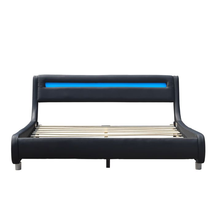 Lit simple en placage MDF massif 140x200 - - Sommier lattes - Tte de Lit Incurve NOIR