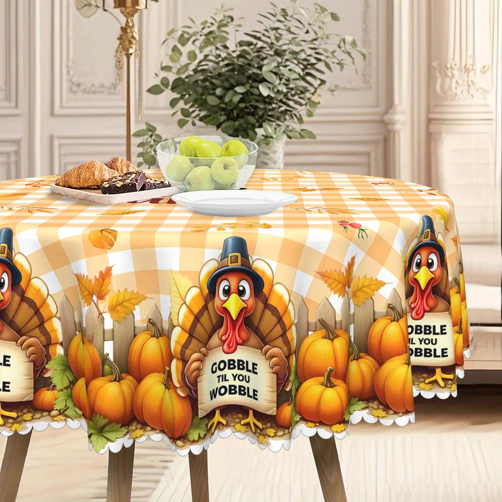 1 Fall Thanksgiving Polyester Tablecloth Cartoon Turkey, Pumpkin And Sunflower Pattern, Rectangular Tablecloth