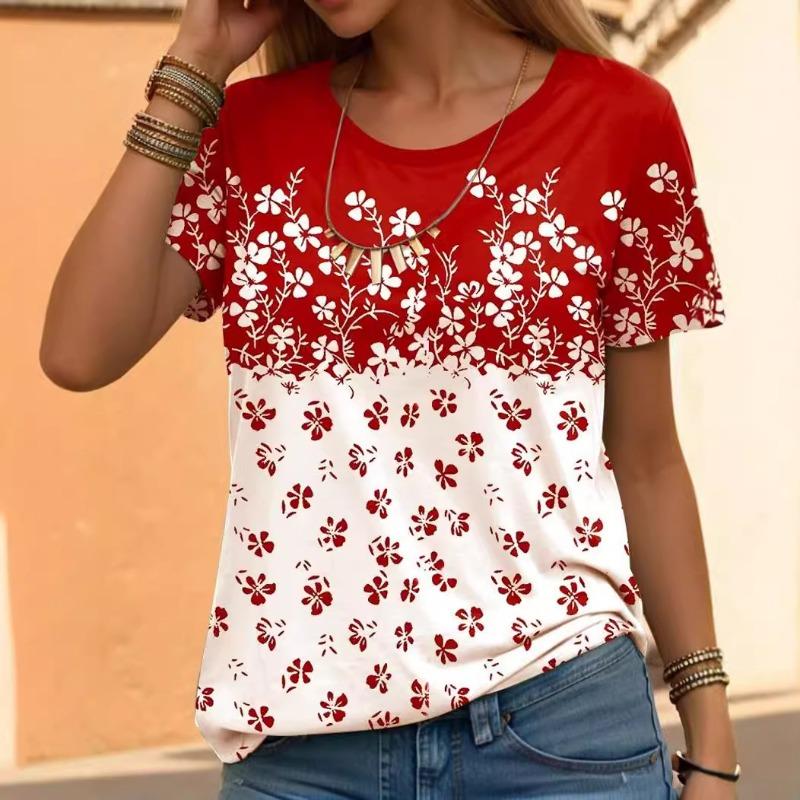 Летняя женская рубашка с круглым вырезом и короткими рукавами в красно-белую принтованную клетку для поездок на работу