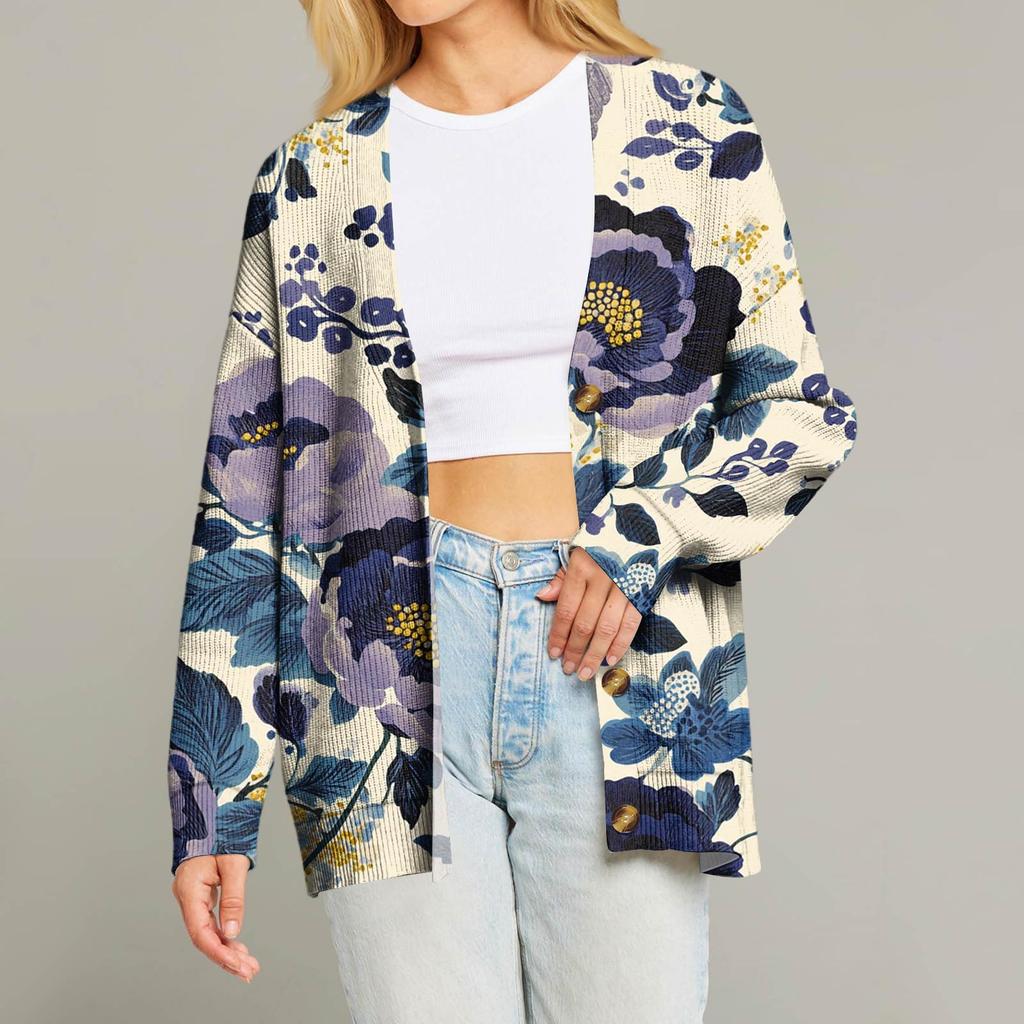 Женский модный кардиган с длинным рукавом, принтом, V-образным вырезом, на пуговицах, свободного кроя