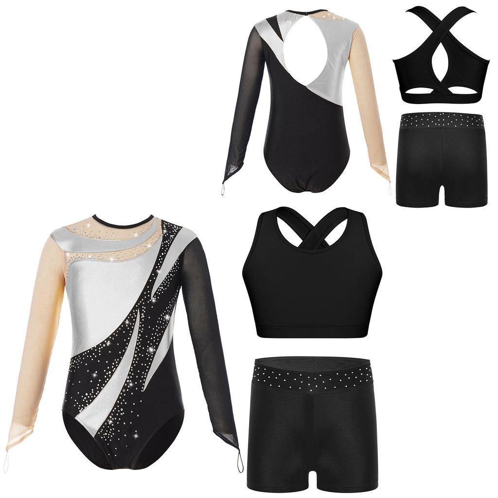 Гимнастический купальник для девочек и детей с шортами, с длинным рукавом, для акробатики, балета, танцев, юнитард с активным жилетом