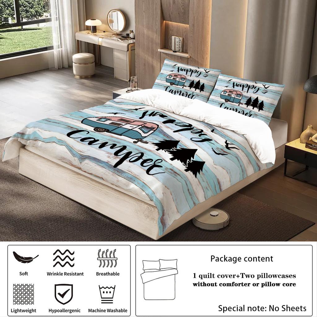 3 шт. комплект постельного белья с принтом «счастливый турист», подходит для подростковой и взрослой спальни, для кемпинга, 1*пододеяльник+2*наволочки