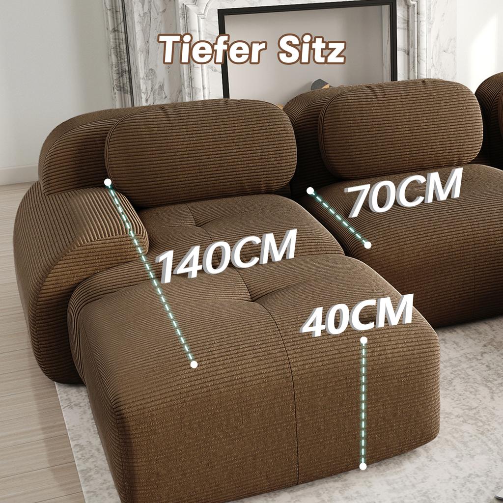 2-Seater Sofa Corduroy, Frameless, Combinable with Chaise Longue, Non-Slip, Ergonomic Armrests, Elastic Padding for Living Room and Bedroom, Brown