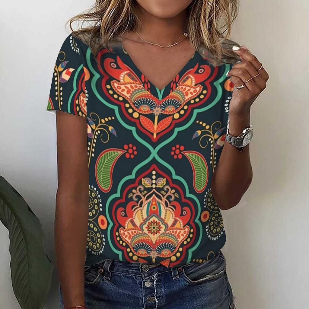 Футболка с 3D-принтом и цветочным принтом в виде тропических листьев, летние женские футболки с V-образным вырезом, топы Y2k, уличная одежда, футболки больших размеров в стиле Харадзюку, женская одежда