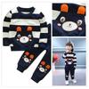 Stylish Bear Stripe 2pcs Toddler Kids Baby Boy Girl Sweater Coat Tops+pants Outfits Clothes Set