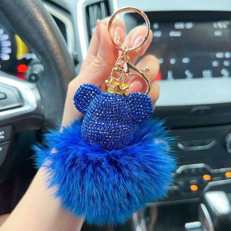Luxurious Diamond-Studded Bear Keychain with Real Fox Fur - Stylish Accessory and Thoughtful Gift