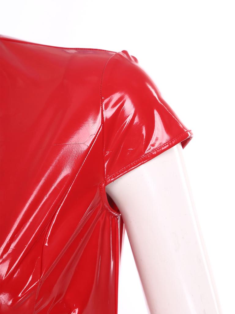 Womens Wet Look PU Crop Top Open Front Adjustable Buckles Cap Sleeve Crop Corset Glossy Clubwear