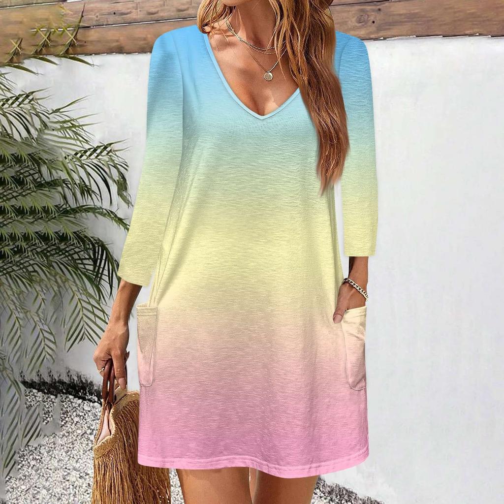 Women's Casual And Fashionable V-neck Gradient Printed Pocket 3/4 Sleeve Loose Fitting Dress