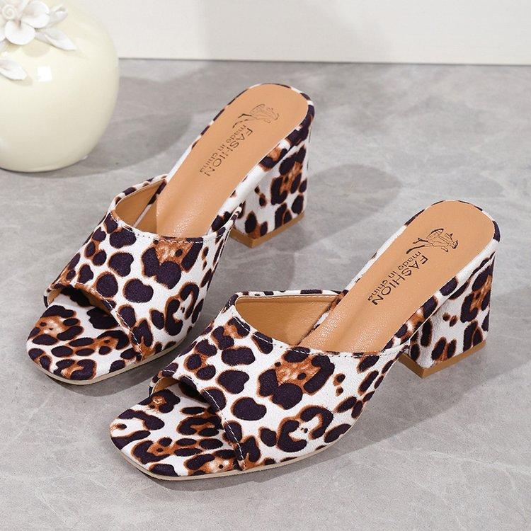 High Heel Slippers for Women Summer Fashion Square Toe Retro Leopard Print Designer Sandals Outdoor Open Toe Party Dress Pumps