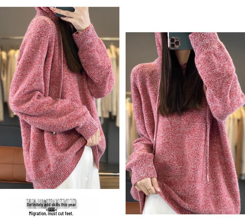 Женский свитер с капюшоном из 100% шерсти: Осень/Зима Свободный Крой, Худящая Толстовка с Капюшоном