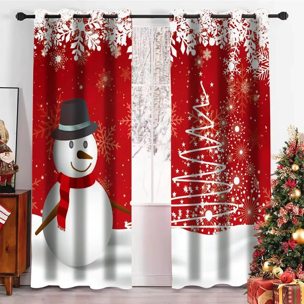 Happy New Year Christmas Curtain Traditional Festival Snow Tree Living Room Bedroom Window Curtains Kitchen Drapes