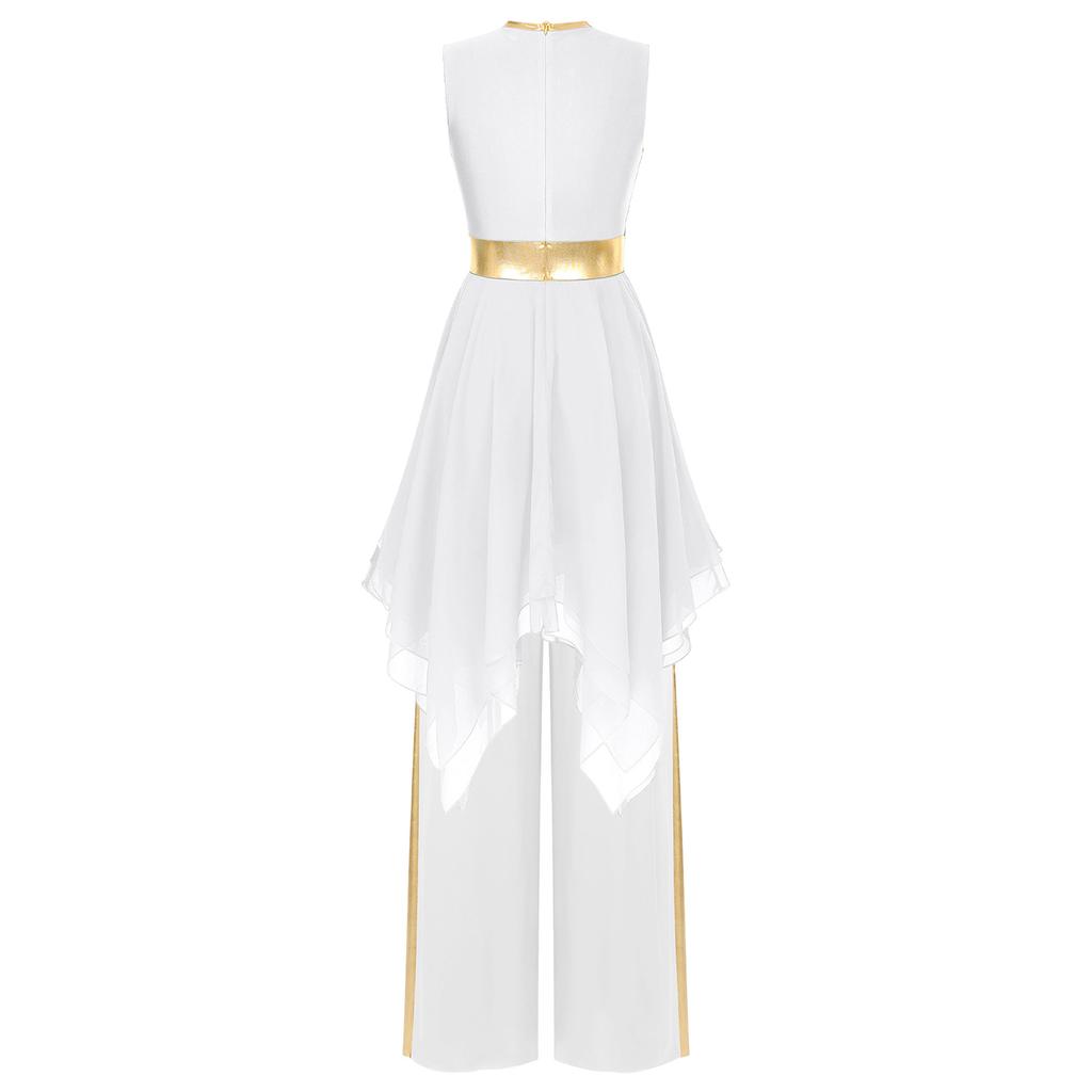 Женский костюм для современного танца, платье с неровным подолом и цветными блоками, металлизированная пэчворк, брюки широкого кроя, танцевальная одежда