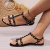 Summer New Style Rivet Thin Strap T-toe Sandals Summer Square Toe Flat Bottom Women's Going Out Roman Women's Shoes