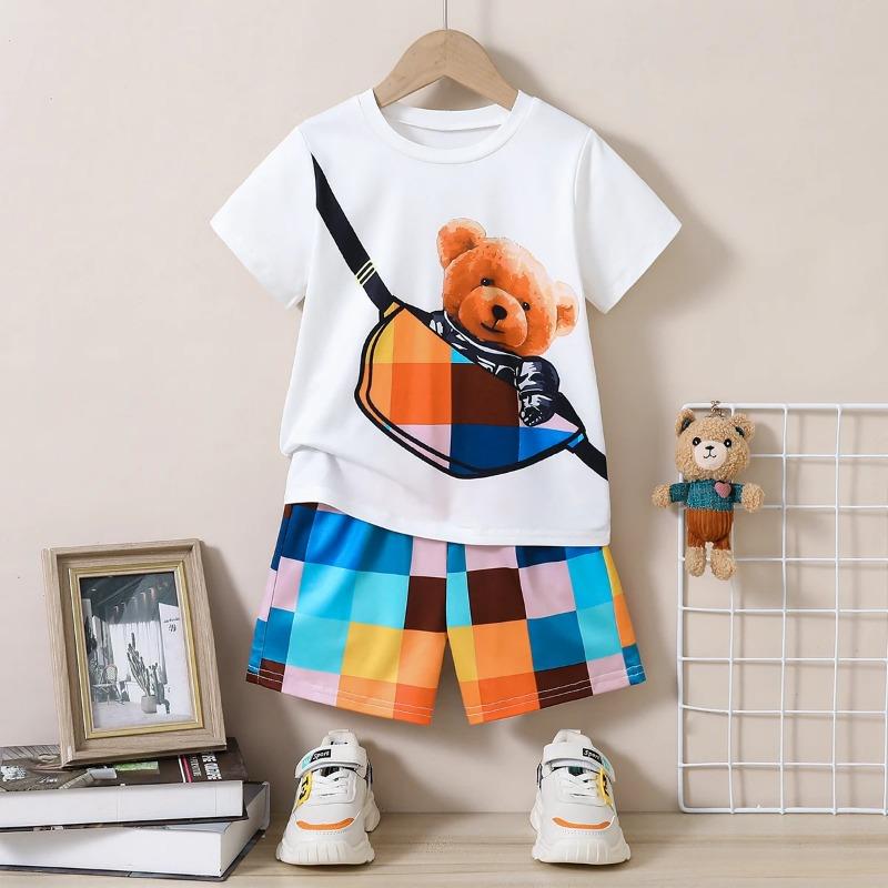 Комплект пляжной одежды для мальчиков из двух предметов сине-белого цвета с принтом: Легкая футболка с океаническими мотивами и эластичные темно-синие шорты с карманом