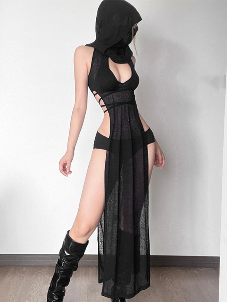 AltGoth Coquette Dark Gothic Сексуальное Платье Женское Винтажное Y2k Cyberpunk Прозрачное Трикотажное Платье с Вырезом И Разрезом С Высокой Талией И Капюшоном