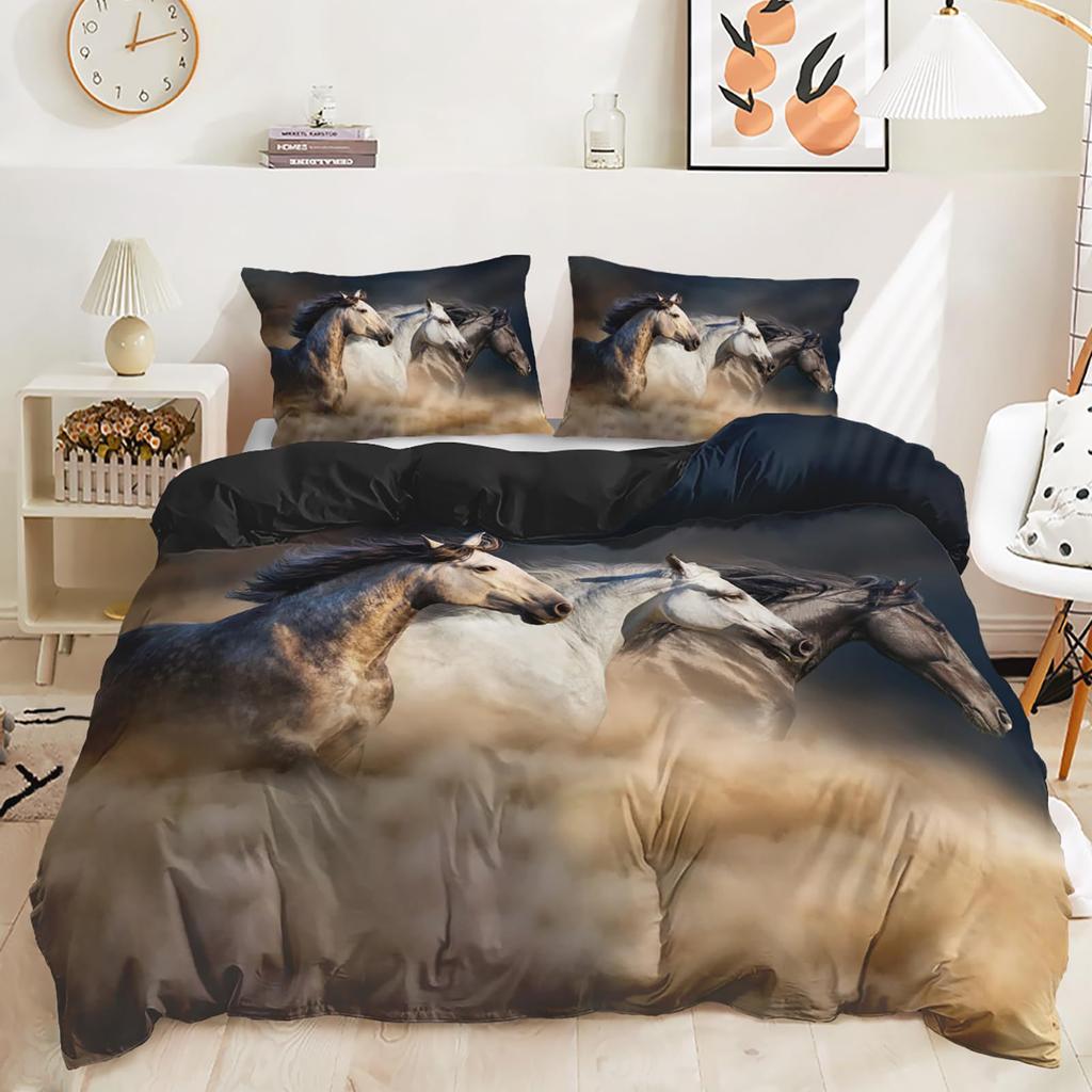 Белый конь Пуховое одеяло Набор Одеяло с принтом животных Удобное постельное белье Набор из трех предметов