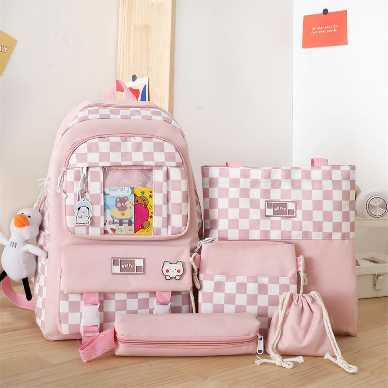 Lightweight Elementary School Backpack Korean Version for Junior High School Students Large Capacity Backpack Casual Grid Four Piece Backpack Studybag