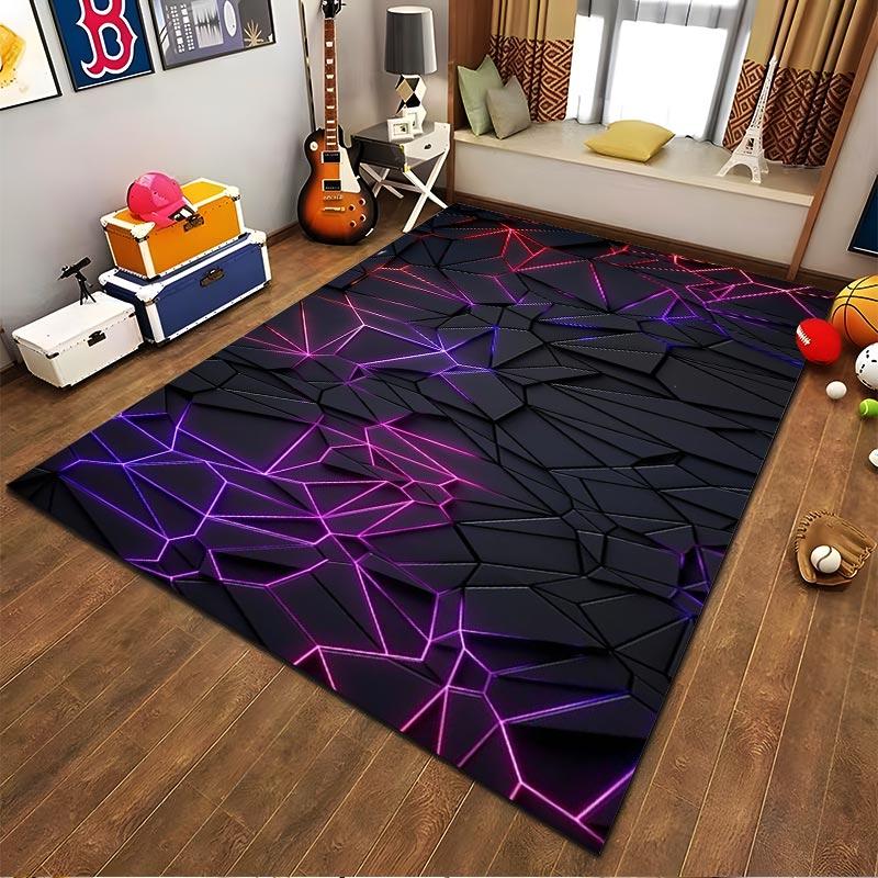 Modern Geometric Black Carpet with Neon Purple and Red Design Pattern Suitable for use as an anti-slip for living room bedroom sofas