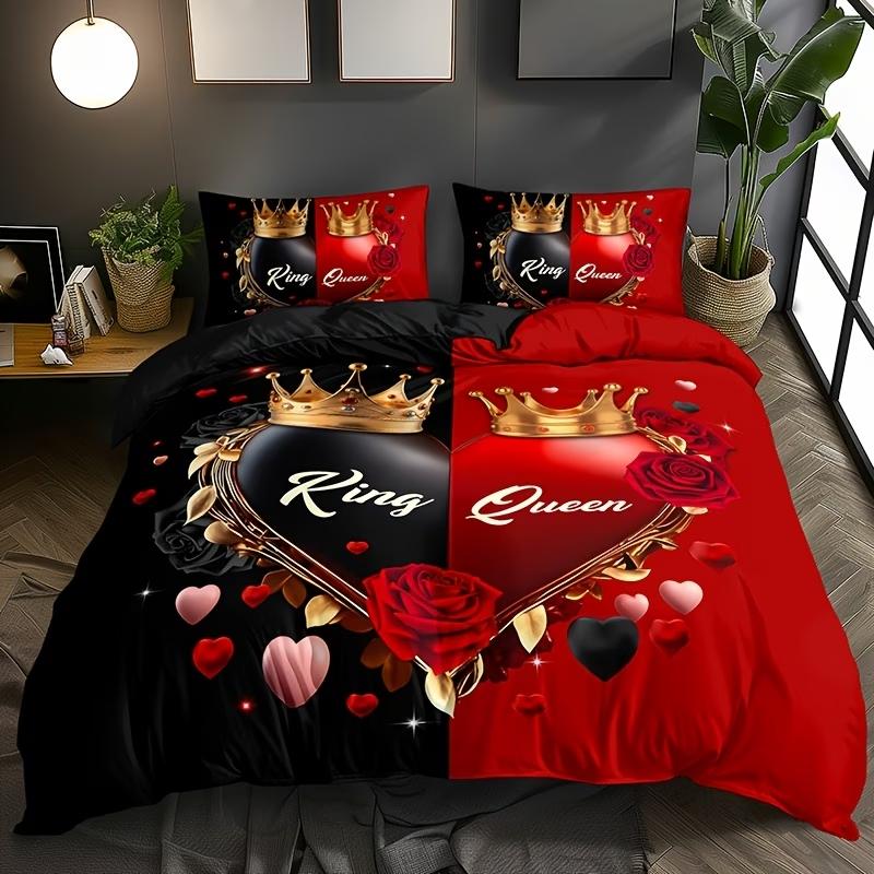 Queen & King 3pcs Couples Spouses Lovers Themes Bedding Set with All Size Featuring Printed English Letters on The Duvet Cover