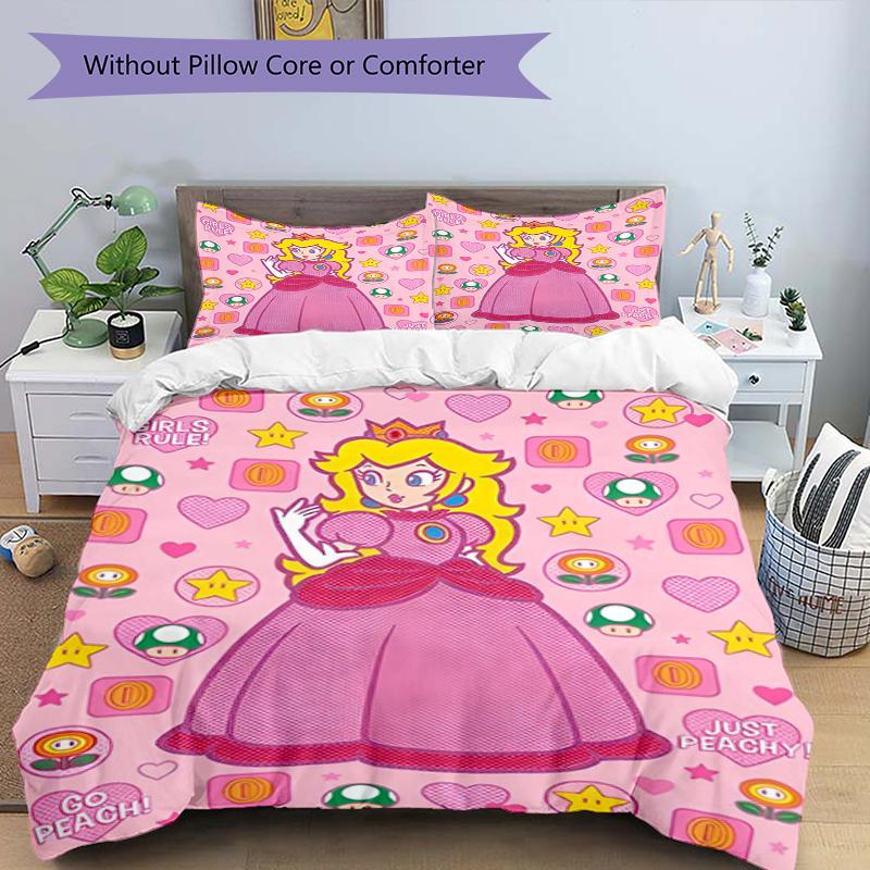 3pcs Princess Peach Bedding Set Duvet Cover Closure Includes 1 Duvet Cover & 2 Pillowcases, Soft and Comfortable for All Seasons.