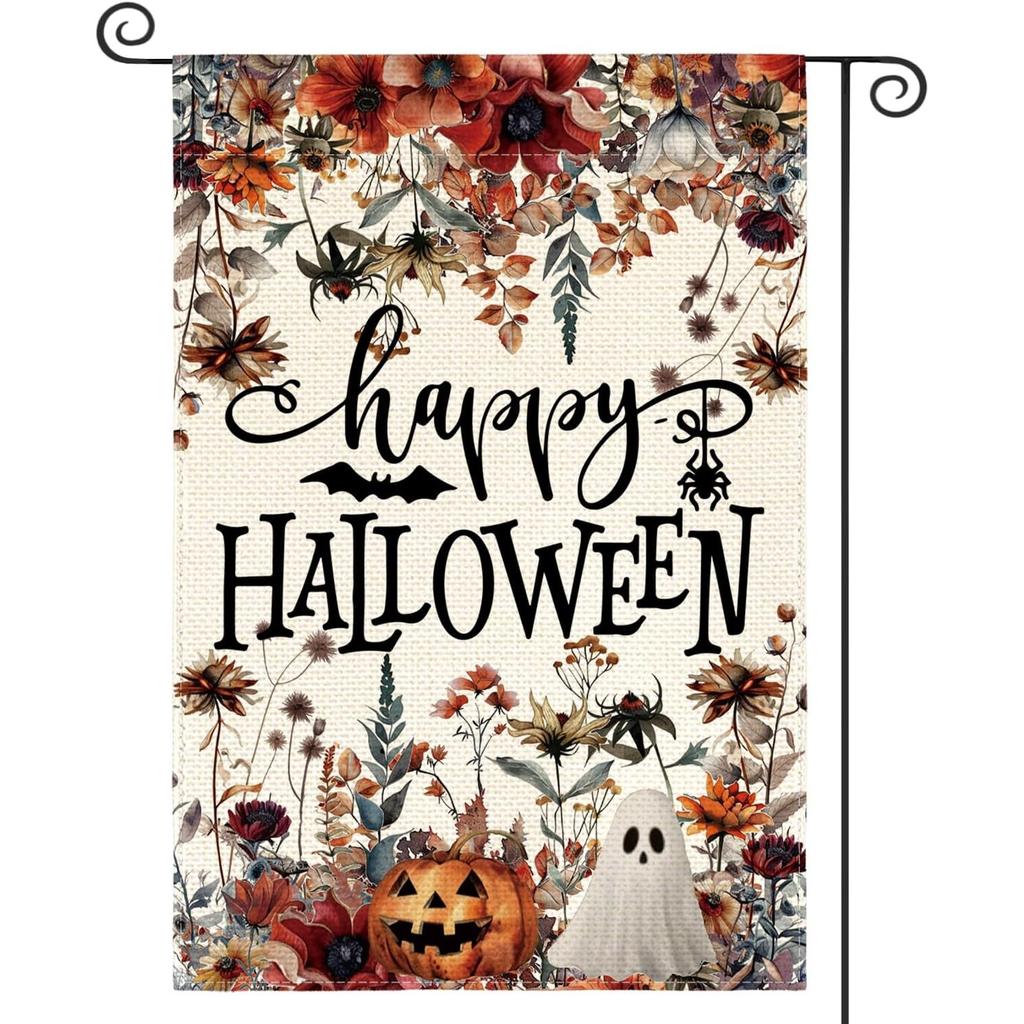 Floral Happy Halloween Garden Flag Double Sided Outside, Flowers Jack-o'-lantern Yard Outdoor Decorative Flag