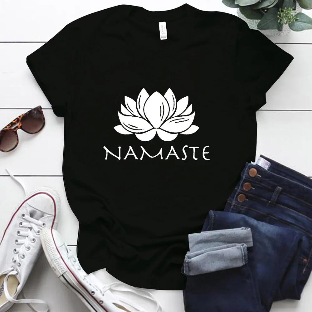 Женская футболка с принтом букв Namaste, короткий рукав, O-образный вырез, свободная женская футболка, женская модная футболка, топы, Camisetas Mujer