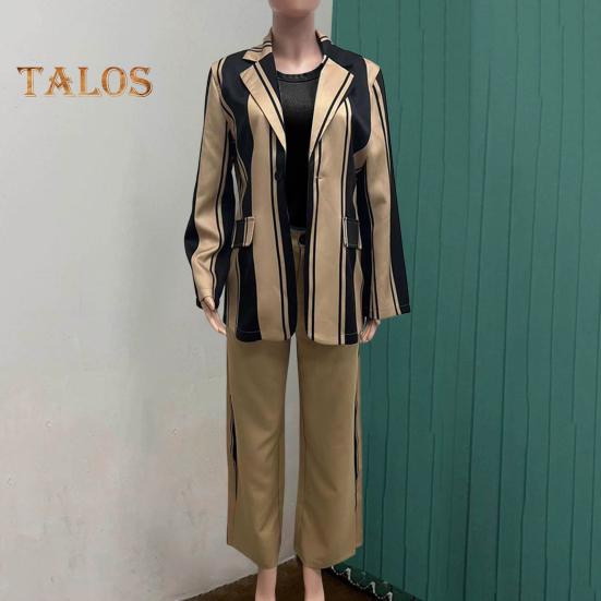 2 шт./комплект женский деловой пиджак брюки комплект с длинными рукавами цветной полосатый кардиган с лацканами средней длины пиджак расклешенные брюки с высокой талией формальные