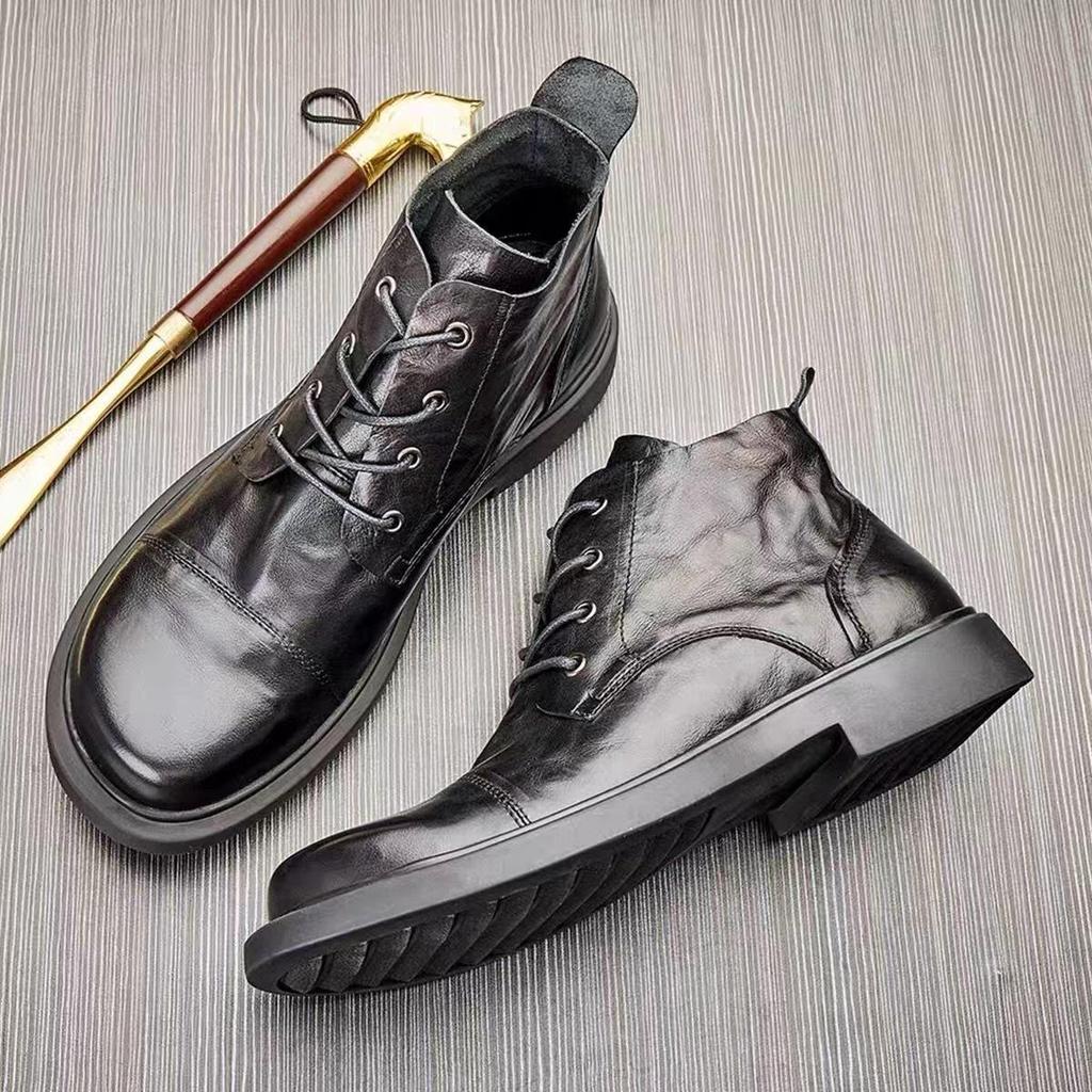Men's Spring Leather Round-Toe Boots, Comfortable Wear-Resistant High-Top Shoes, Versatile British-Style Large-Size Mid-Top Martin Boots.