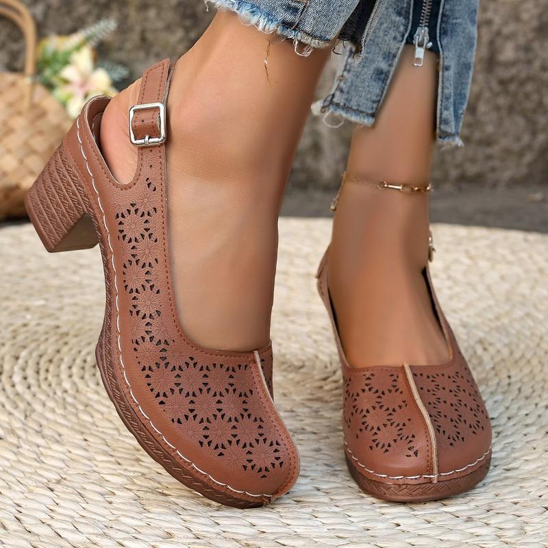 Мода Большой Размер Круглый Носок Неглубокий Вырез Одинарный Ремешок Высокий Каблук Летние Новые Сандалии Баотоу Водонепроницаемые Тайваньский Квадратный Каблук