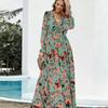 Элегантные Свободные Платья Макси с Принтом Весна Женские V-образный Вырез Пуловер Длинные Рукава Платье Высокая Талия Повседневное Платье Длины до Щиколотки