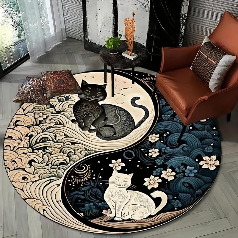 Yin Yang Cat Design Round Area Rug - Soft Crystal Velvet, Machine Washable, Polyester, Indoor Use for Living Room & Bedroom Decor, Holiday Themes