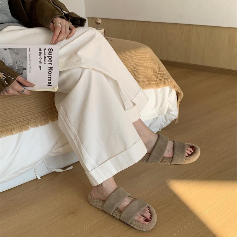 2025 Autumn and Winter Mao Mao Shoes Slippers Women's New French Style with Skirt Women's Shoes Wear One-word Thick-soled Slippers