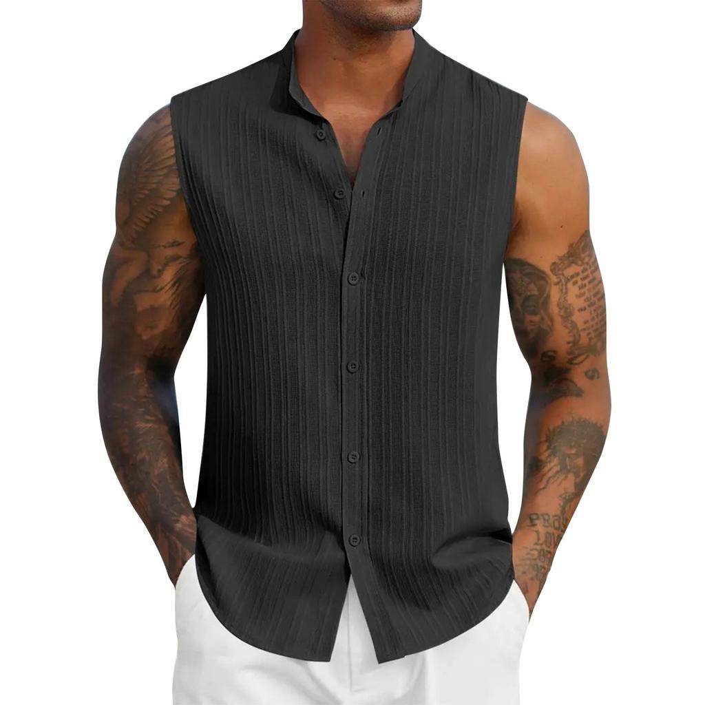 Мужская летняя однотонная рубашка без рукавов со стойкой воротником, мужская повседневная модная рубашка без рукавов