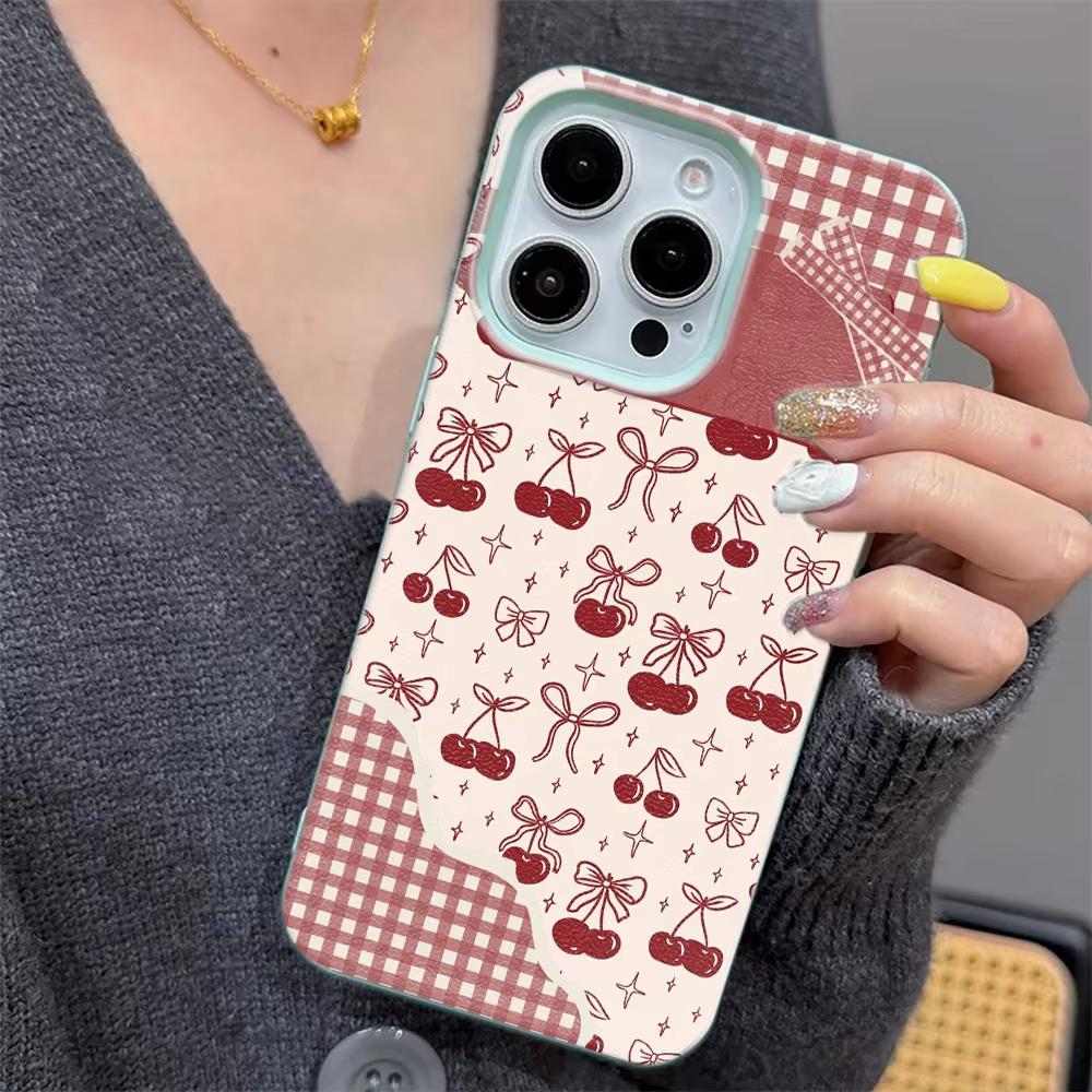 Милый кремовый чехол для телефона из силикона с вишневым бантом для iPhone 17 17 Air 13 16 15 14 12 11 Pro Max 15 16 Plus Мягкая крышка с текстурой личи