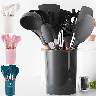 Силиконовый набор для приготовления пищи, кухонная утварь, антипригарная лопатка, гриль, масляная щетка, лопатка, ложка для супа, деревянная ручка, инструменты для приготовления пищи, аксессуары