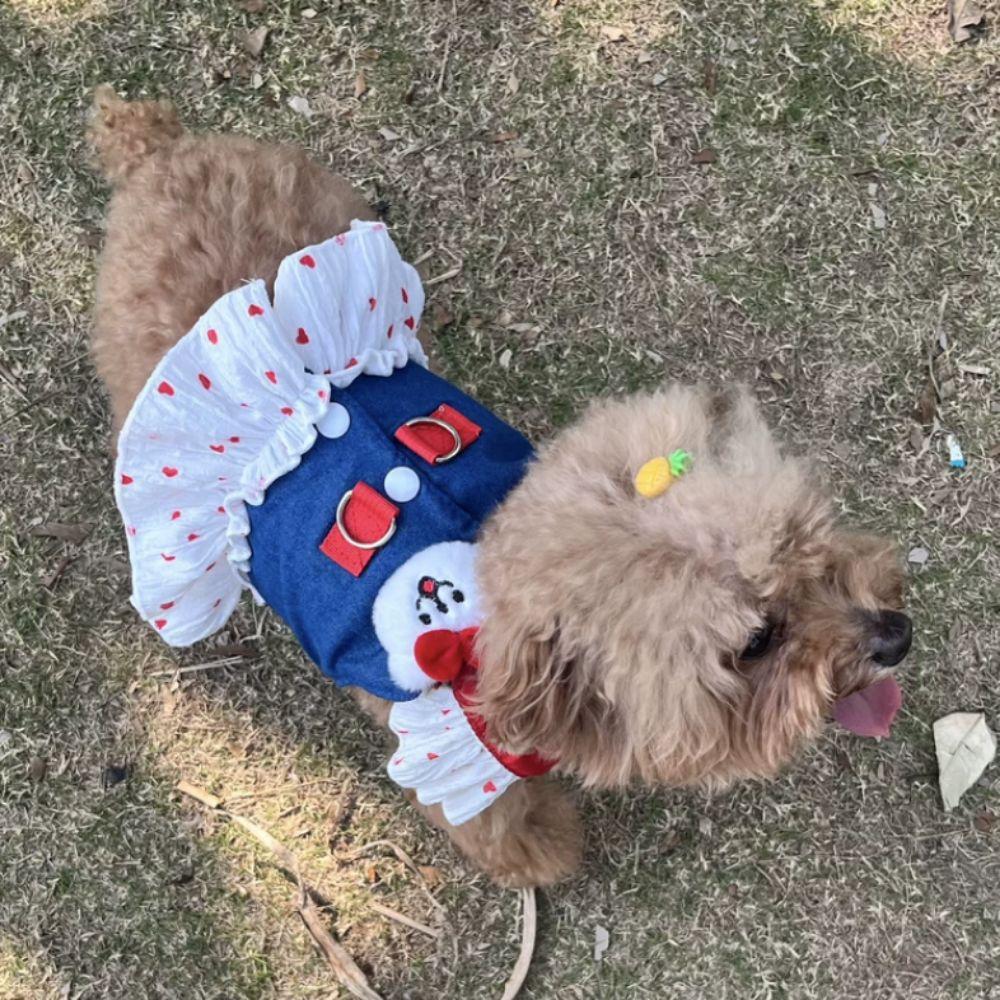 with Leash Dog Harness Dress Heart Print Pet Dress Denim Puppy Princess Skirt Outdoor Walking