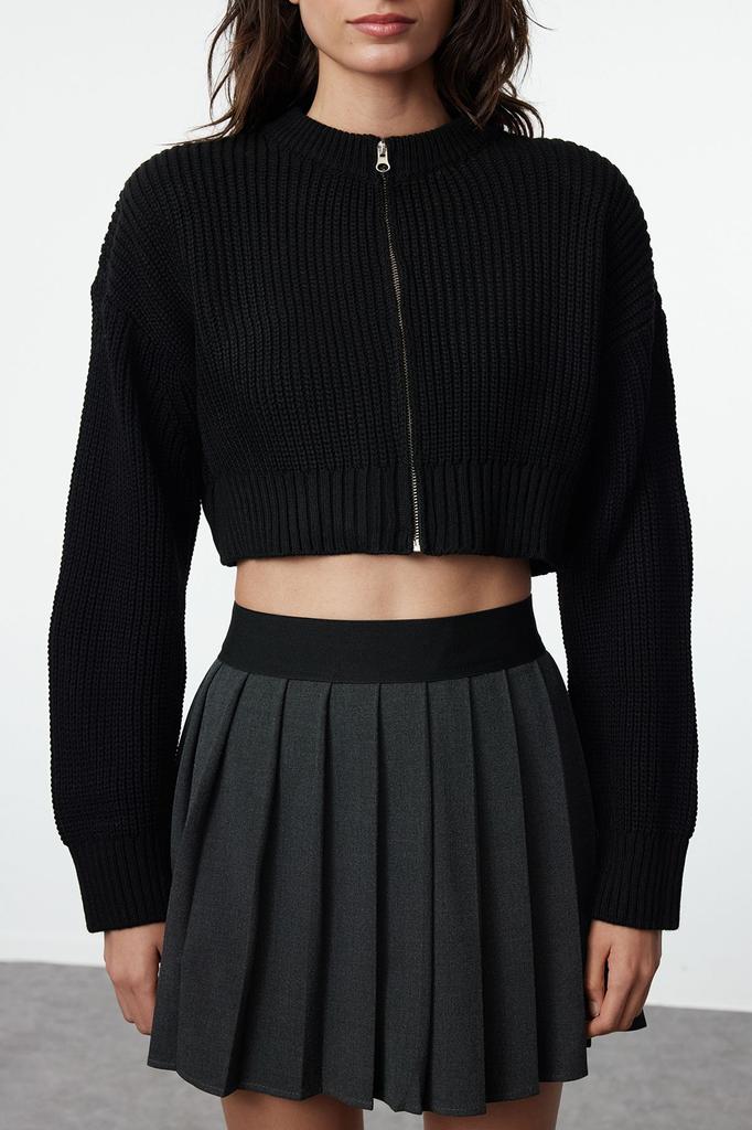 Women's Elegance Style Cardigan Black Crop Wadding Detailed Knitwear Cardigan