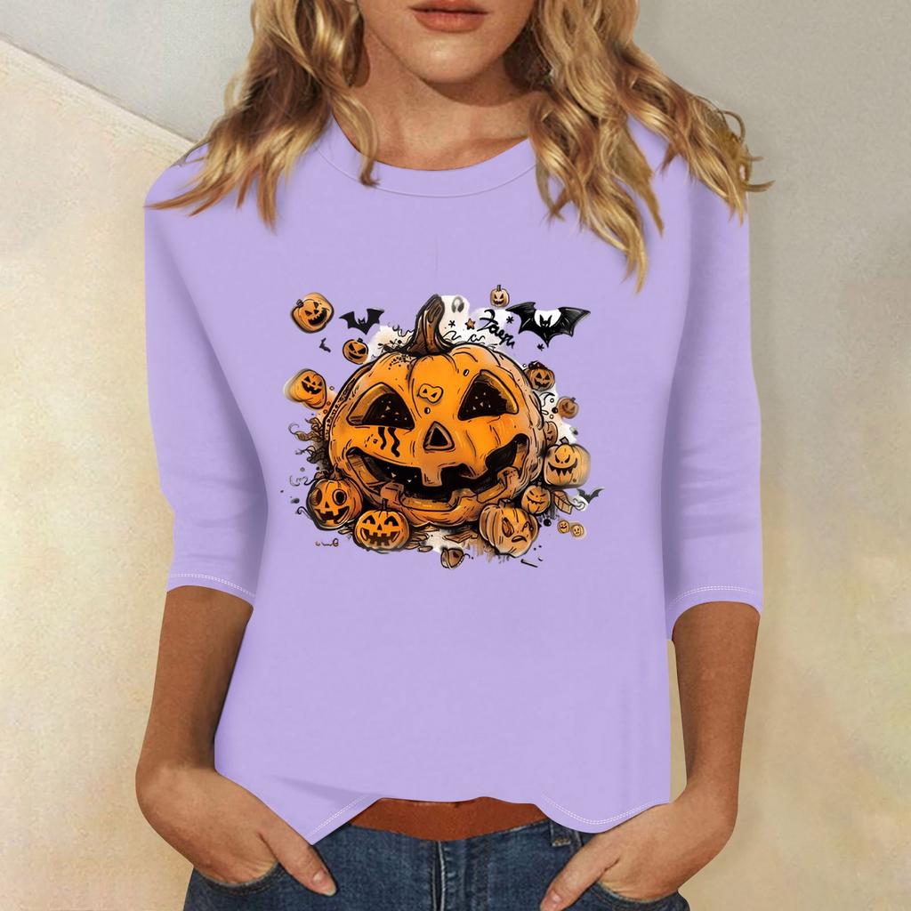 Women's Fashion Casual Three-quarter Sleeve Halloween Printed Round Neck Top