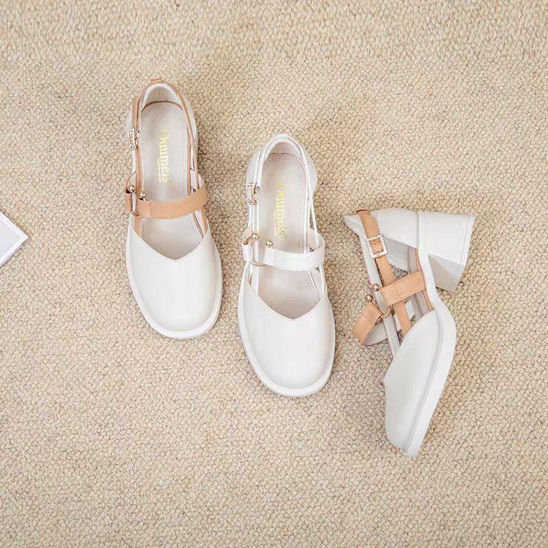 Thick with Summer Leather Shoes Female Sweet Temperament High with Round Head Sandals Female
