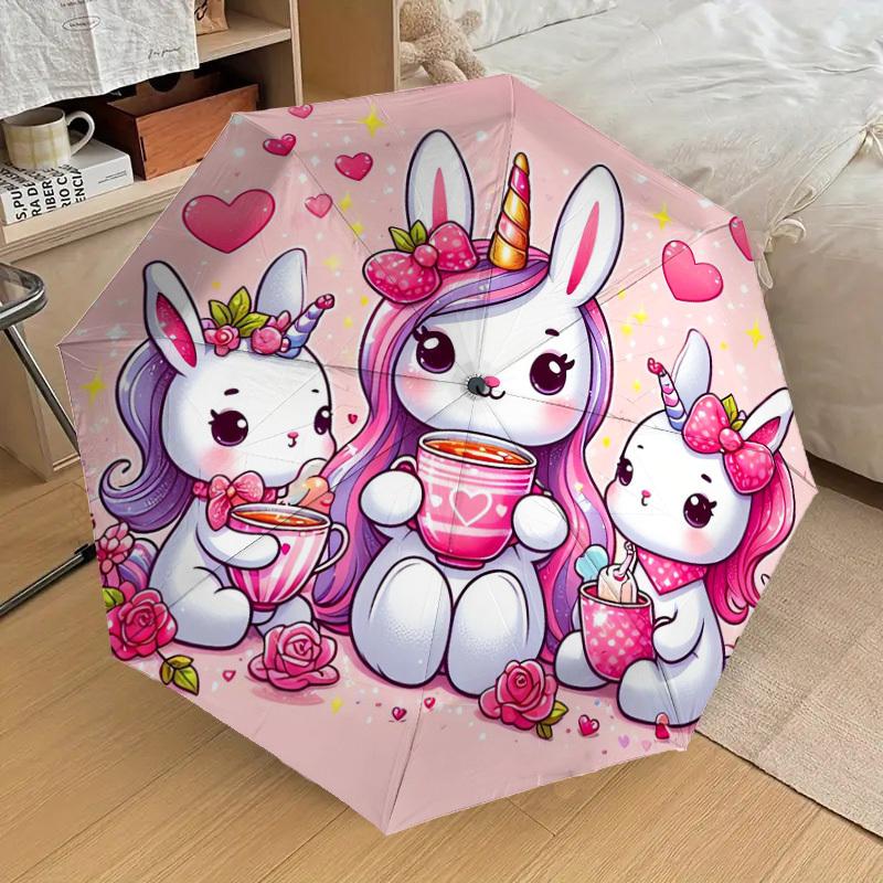 1pc Unicorn Bunny Tea Party Umbrella with Plastic Handle,Suitable for All Seasons Home Travel Outdoor UmbrellaDD906