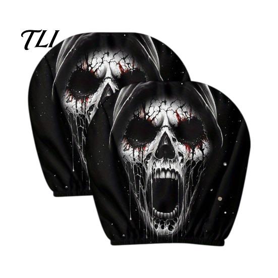 Holiday Themed Car Accessories 2Pcs Skull Headrest Covers, Cartoon Dog Panda Cat Hedgehog Breathable Slip Design Elastic Auto Seat Protector,