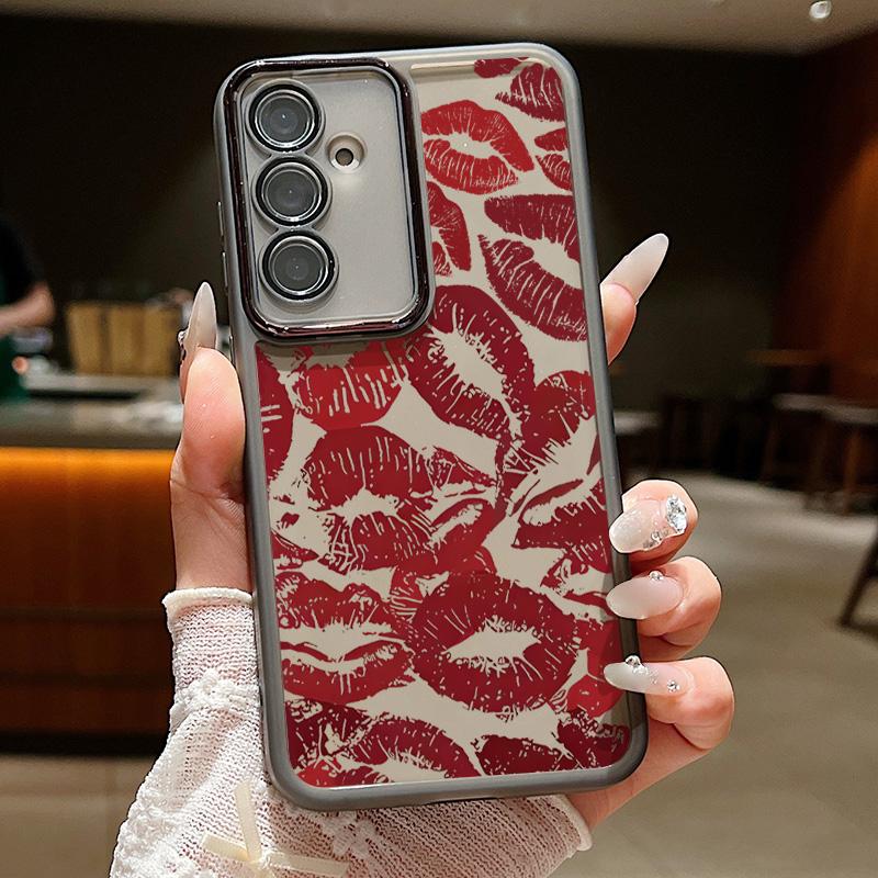 Красный узор губ прозрачный тонкий чехол для телефона Samsung S25 Ultra S24 FE S23 Plus A56 A36 A16 A55 A15 защитная пленка для объектива противоударный мягкий силиконовый чехол