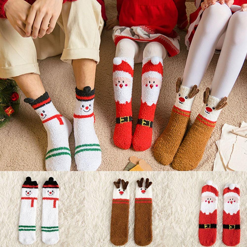 Сохраняющие тепло носки средней длины из кораллового флиса, плюшевые носки с Санта-Клаусом, мягкие рождественские носки, Рождество